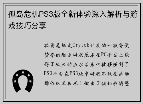 孤岛危机PS3版全新体验深入解析与游戏技巧分享