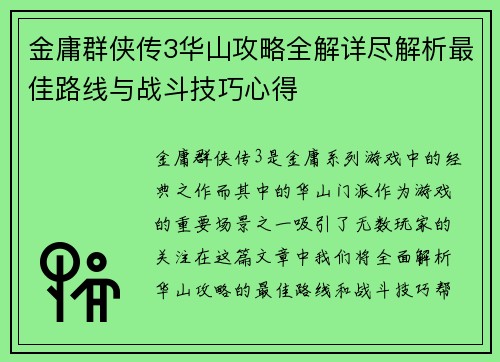 金庸群侠传3华山攻略全解详尽解析最佳路线与战斗技巧心得